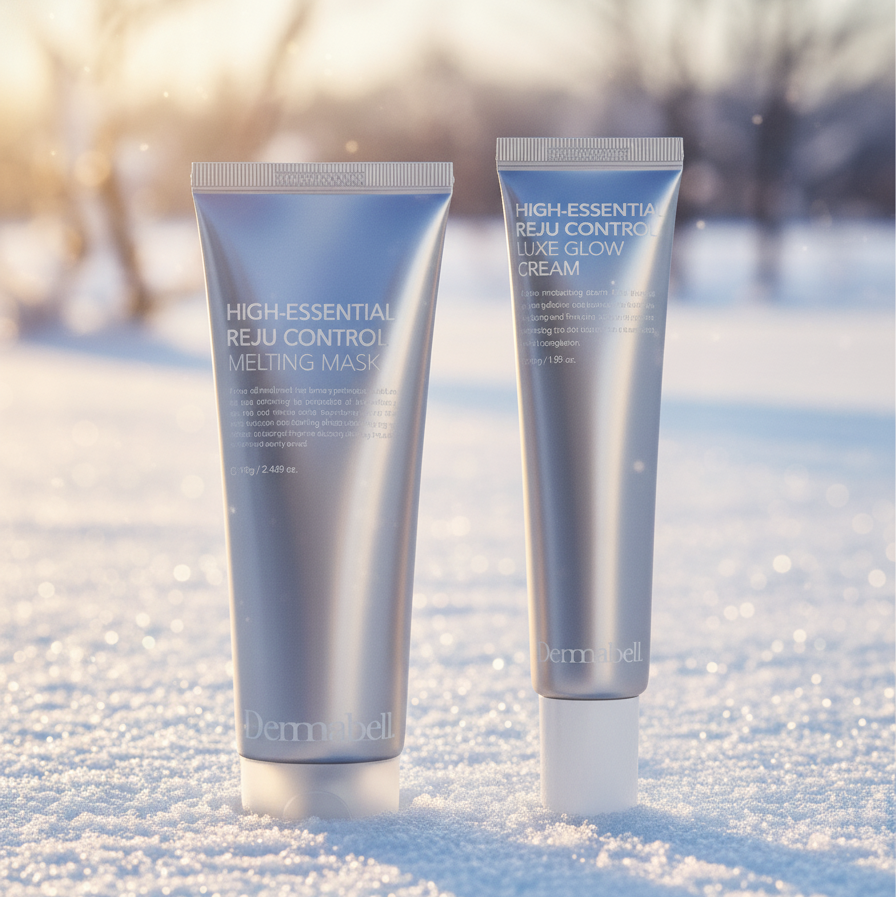 Two Dermabell High Essential Reju Control skincare products, peel off collagen mask and luxe glow cream, on a snowy surface with a blurred natural background
