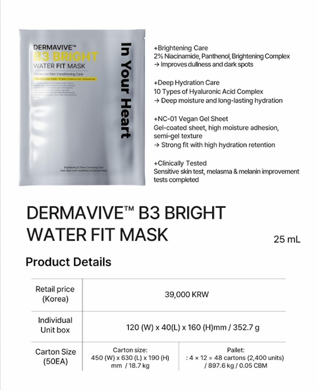 Dermavive B3 Bright Water Fit Mask (10) - In Your Heart